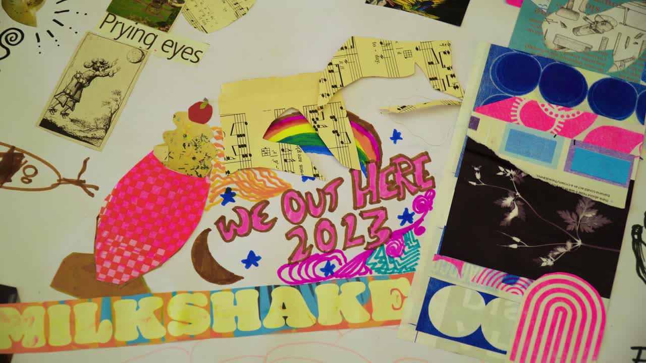 messy playground where children crafting cutting and making stuff out of a paper painting and drawing things that doesn't makes sense in the middle of it all is a text saying we out here festival 2023