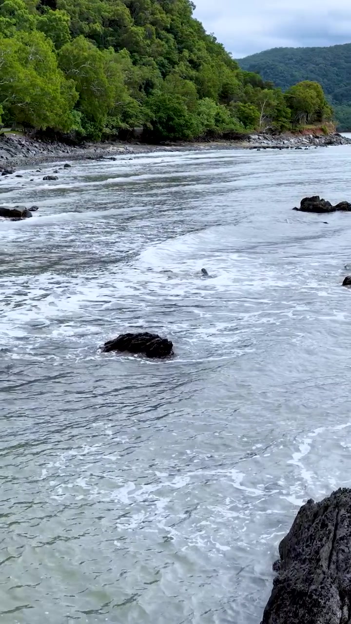 La telecamera panoramica su una costa rocciosa mentre le onde dell'oceano si infrangono contro le rocce, con colline verdi e lussureggianti sullo sfondo.