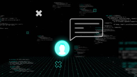 animación de formas y alerta de redes sociales con icono de usuario sobre fondo negro