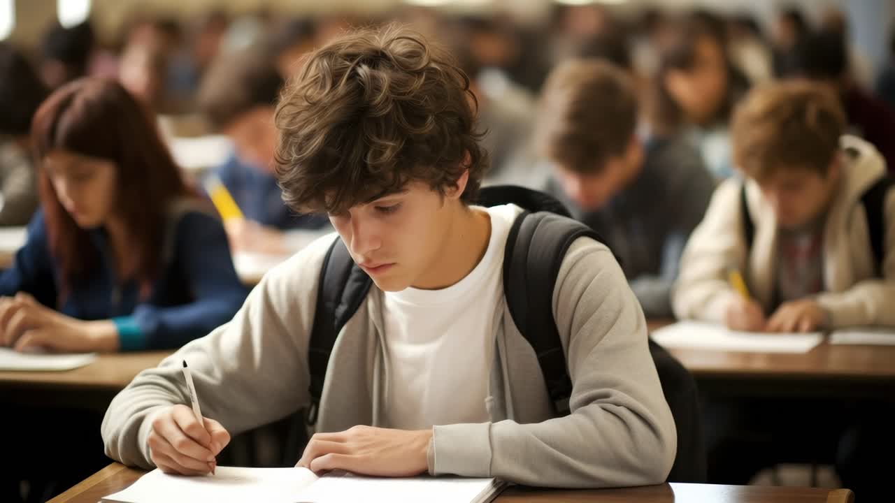Focused student writing in a classroom, captured from a medium angle