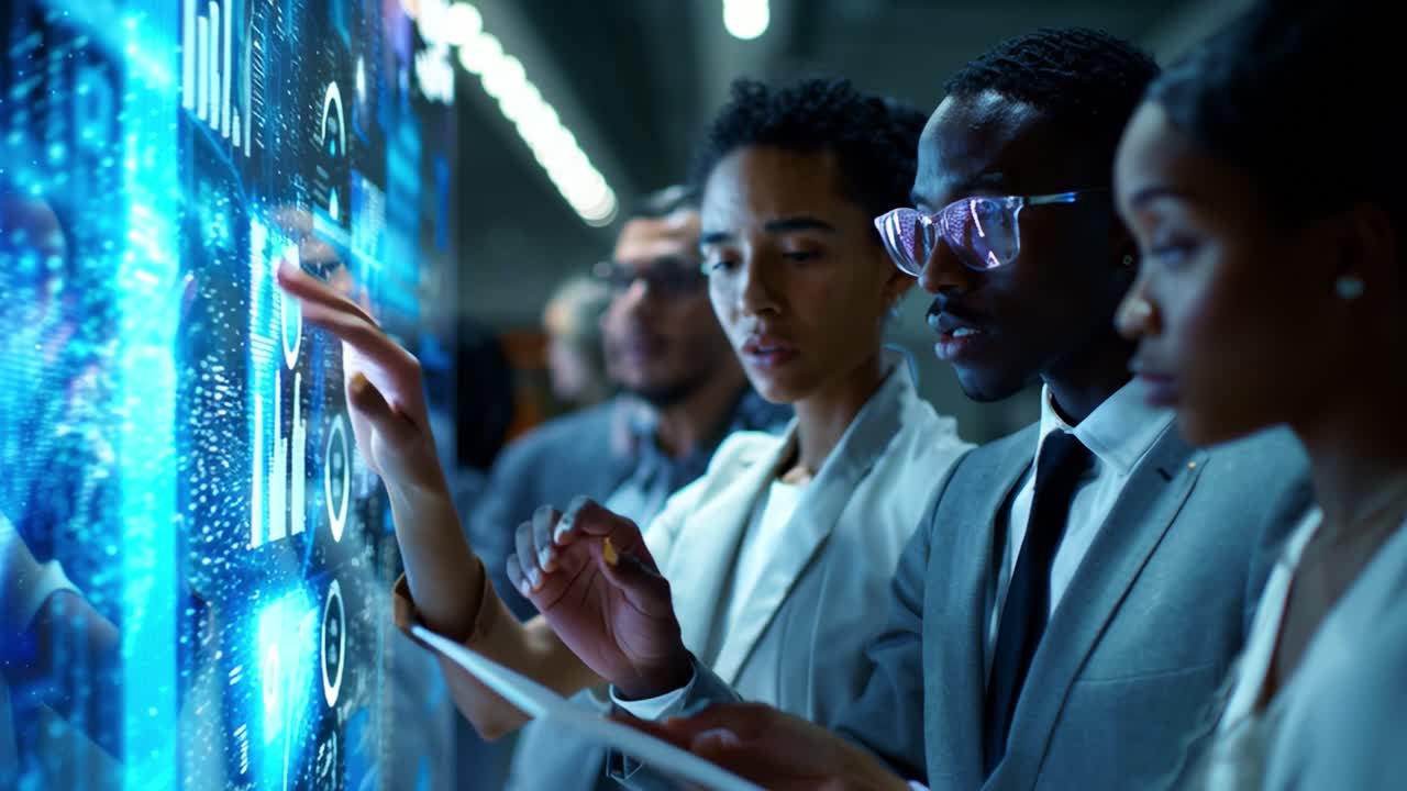 Engaged Audience Analyzing Digital Data Insights with Interactive Technology in a Futuristic Environment Focused on Innovation and Collaboration in a Modern Setting