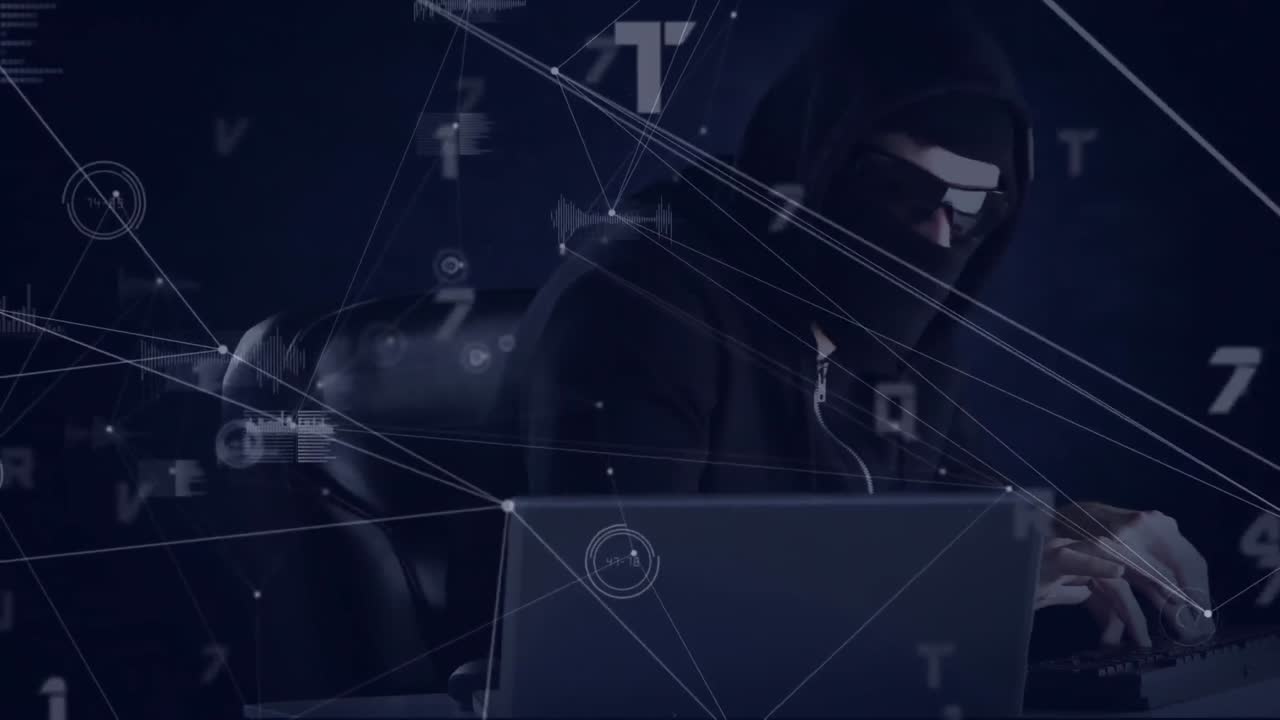 Animation of network of connections with numbers and hacker with laptop
