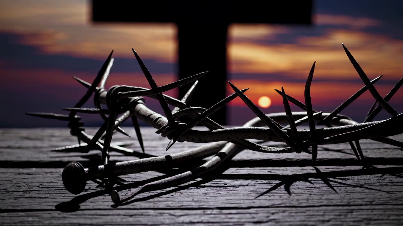 Corona di spine e chiodi su legno con croce al tramonto
