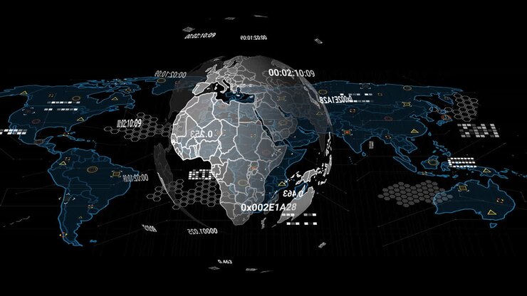 Animation of data processing with world map and globe on black background