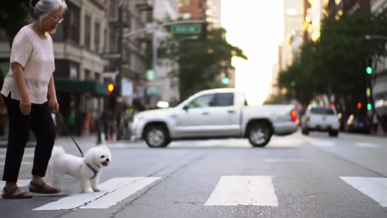 An older woman walks a small white dog across a busy city street in the late afternoon. Cars drive by as the sun sets, casting a warm glow on the urban scenery.