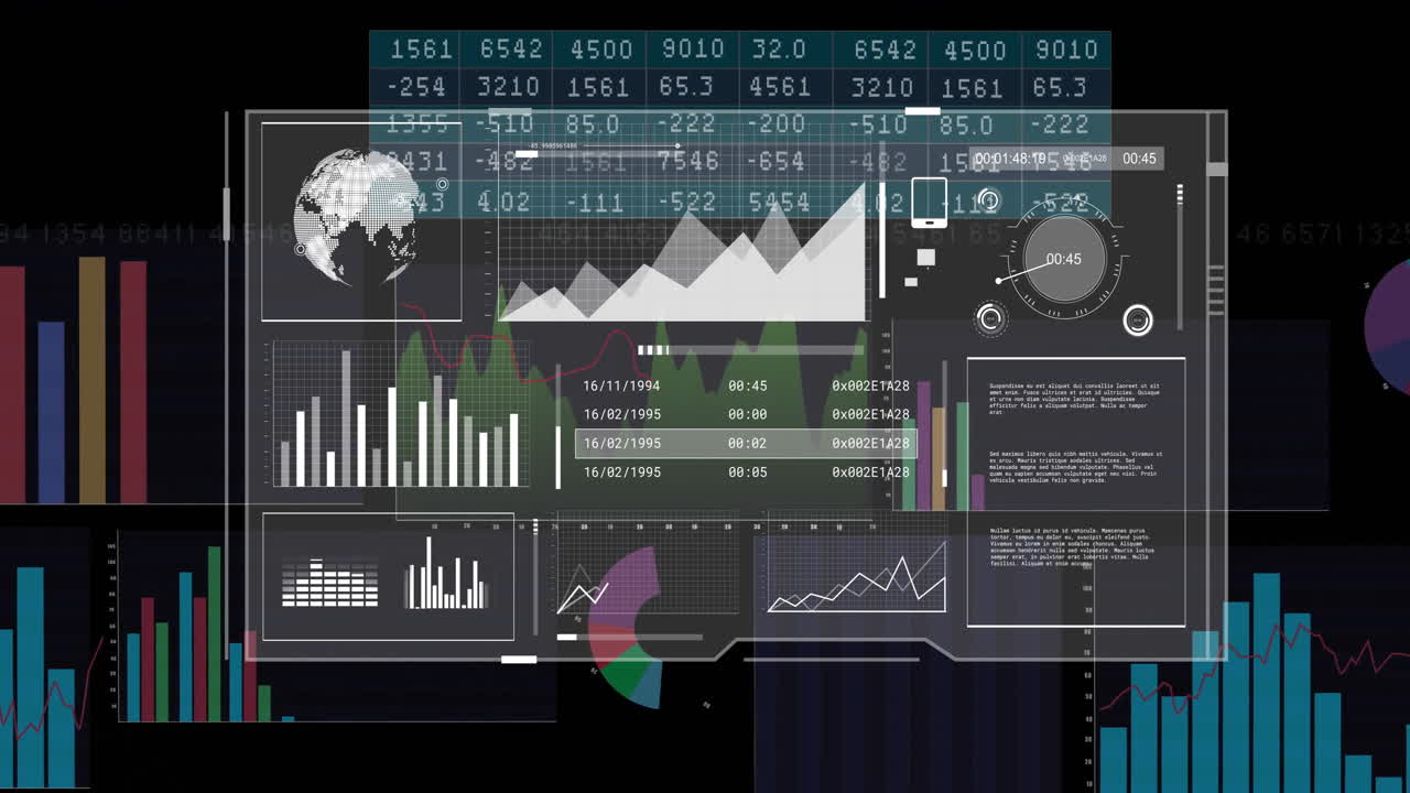 Displaying financial graphs and global data analytics, digital dashboard in use