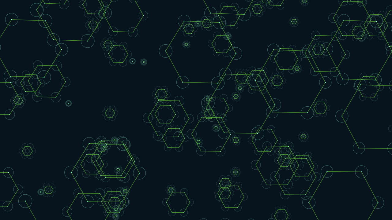Molecular structure grid pattern of connected green shapes with floating black shapes