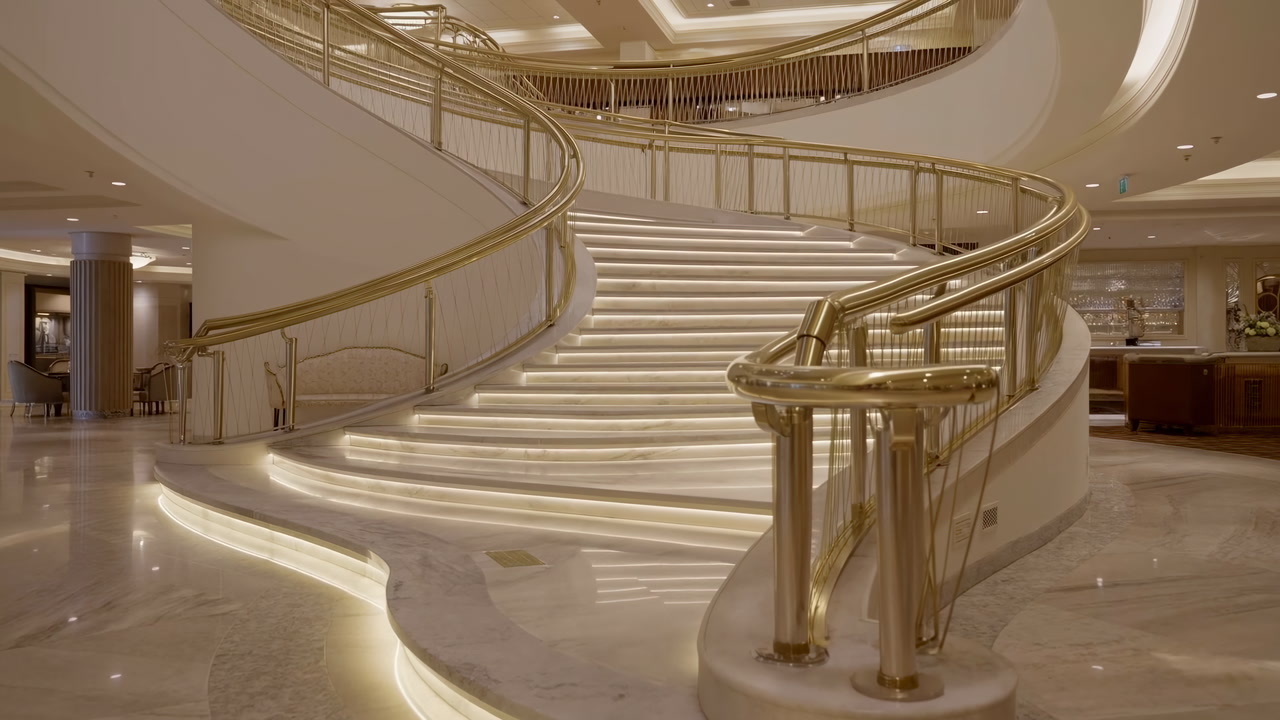 Grand Illuminated Marble Staircase Luxury Lobby, Sweeping Curved Steps And Gold Banisters, Warm Understep