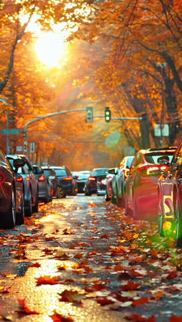 autumn sunset on a leafy street with parked sports cars. a picturesque street lined with parked sports cars amidst vibrant autumn foliage under a glowing sunset.