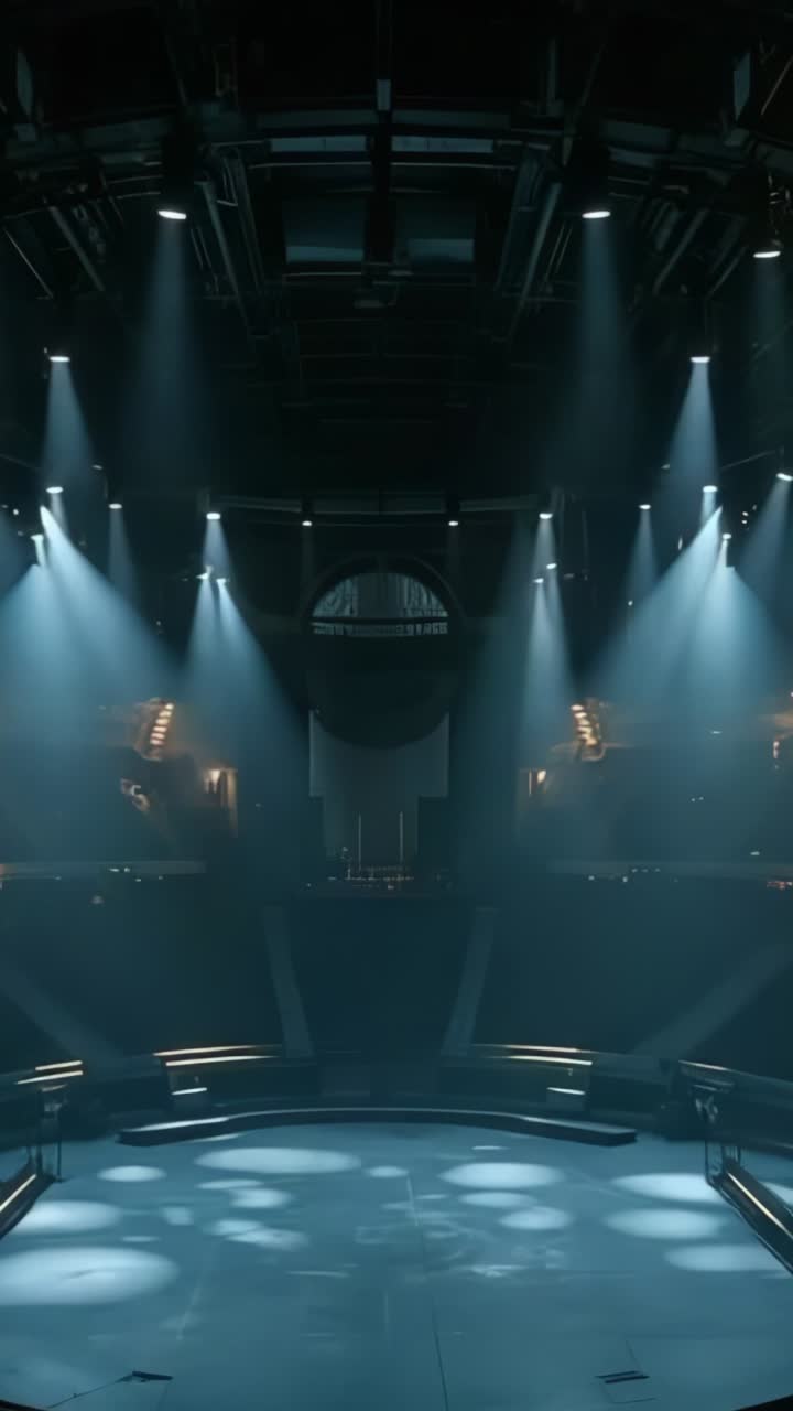 Vertical video: Switching lighting replacing amber, sweeping cool spotlights across circular stage