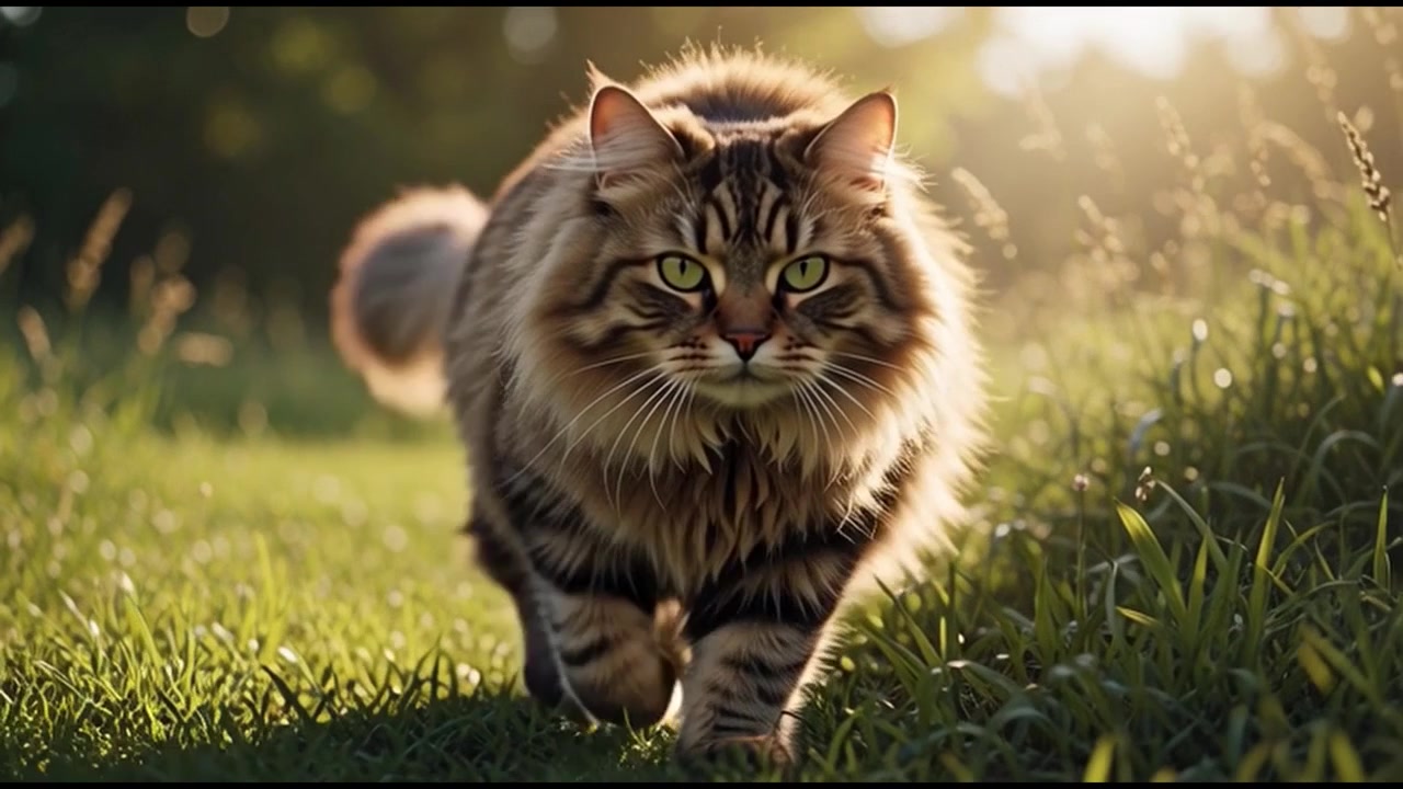 Gatto soriano soffice che cammina in un campo erboso al tramonto