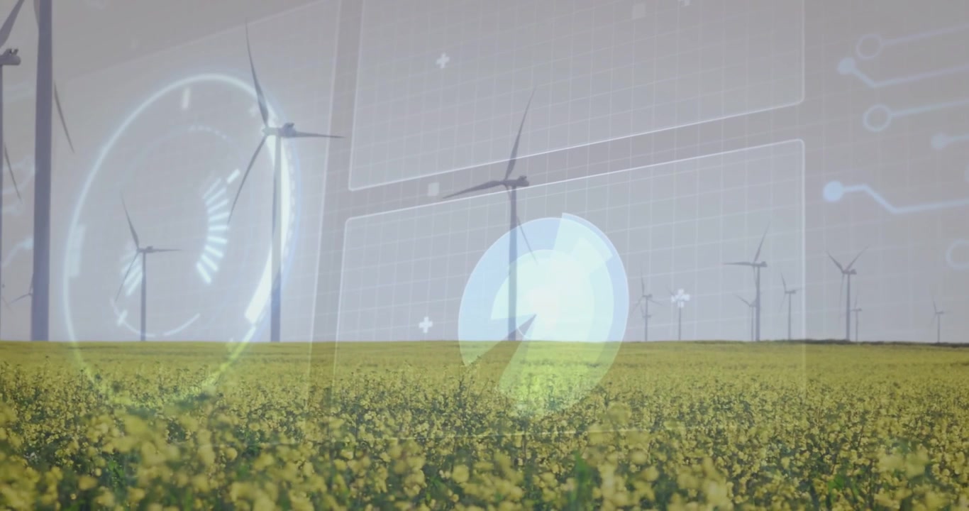 Campo giallo e turbine con sovrapposizione HUD, anello che scorre e indicatore che si riempie per le metriche energetiche.