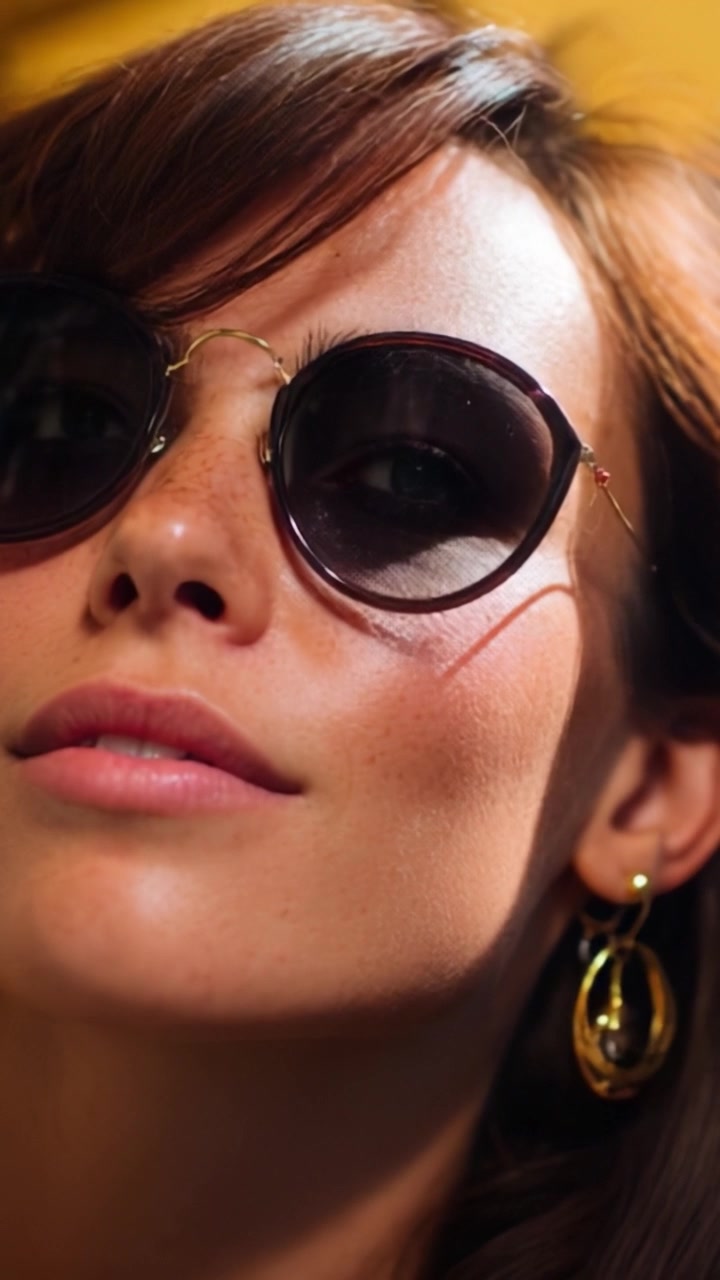 Donna elegante con occhiali da sole e orecchini in posa elegante contro uno sfondo caldo, catturando un'estetica vibrante e alla moda con grazia e bellezza