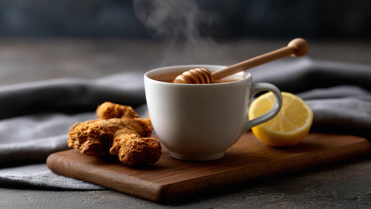 Una bevanda calda e accogliente con miele e limone, servita insieme a deliziosi dolcetti fritti, perfetta da gustare nelle giornate più fresche