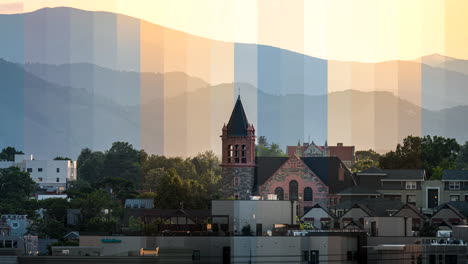 Timesplice-telephoto-sunset-timelapse-of-The-Kirk-of-Highland-old-church,-Denver