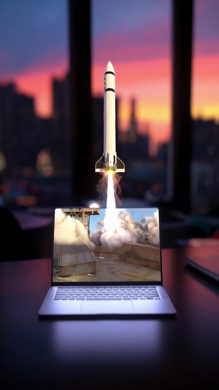 Rocket Launching From Laptop Screen Into Space