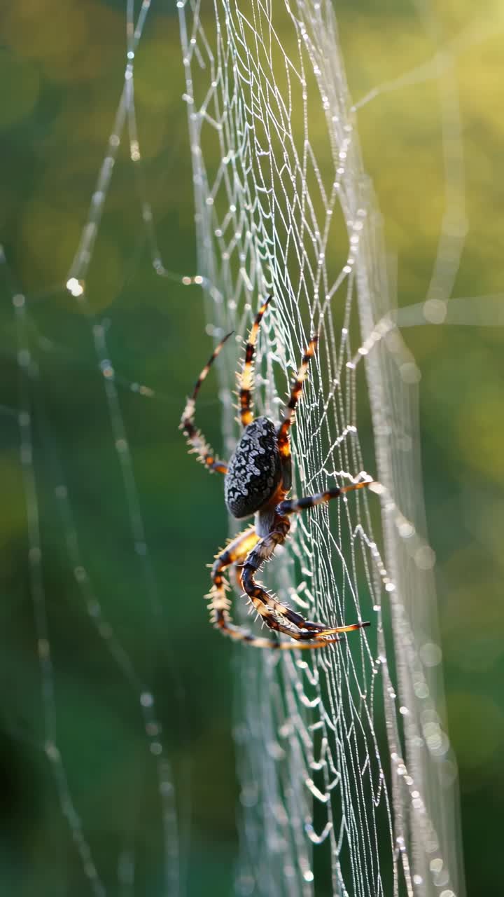 Close-up video style of a spider on a web, shot from a side angle
