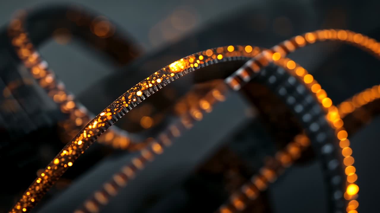 Forming three metallic twisted ribbons rotating and weaving in space, with glowing amber particles