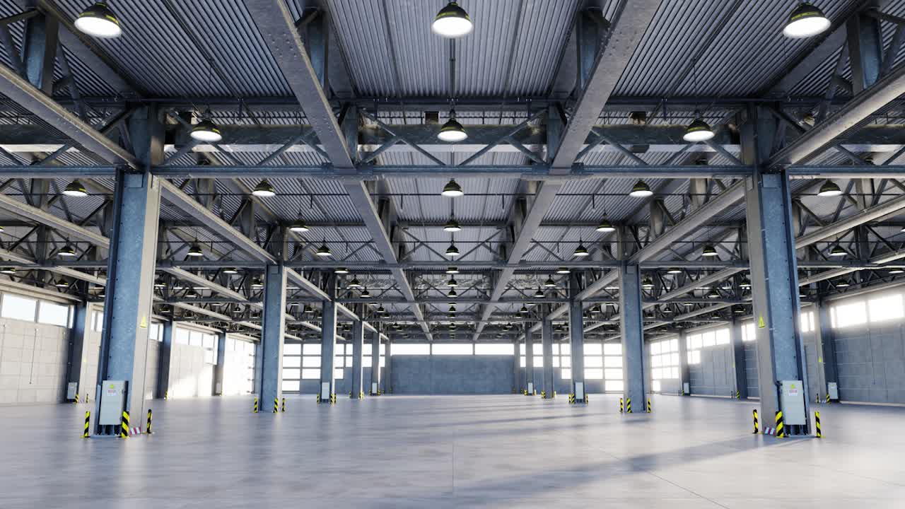 Interior of spacious industrial facility 3d animation render