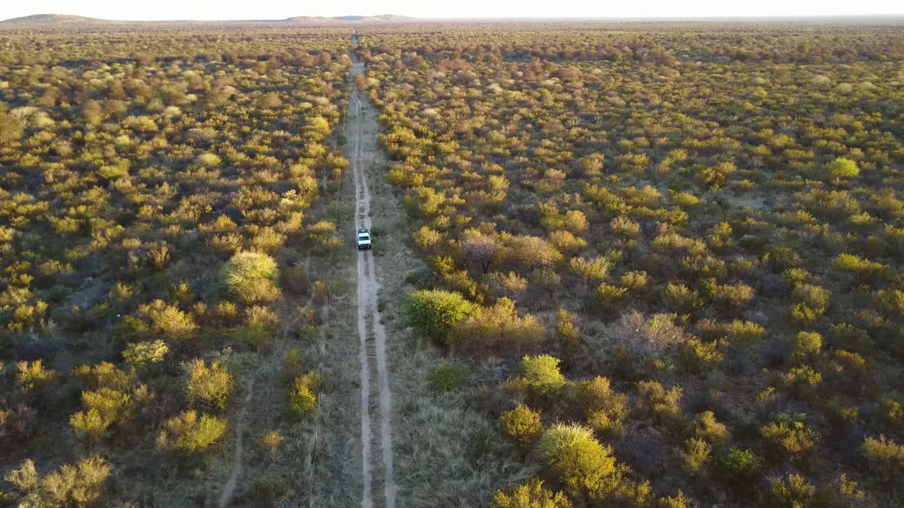 Ilmakuva lähestyvästä autosta pölyisellä tiellä, horisontissa loputonta metsää ja vuoria