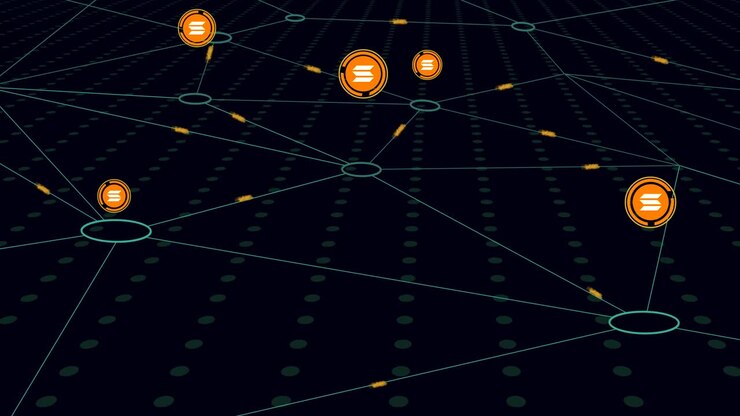 Processo di mining della criptovaluta Solana animato in 4K, su sfondo scuro.