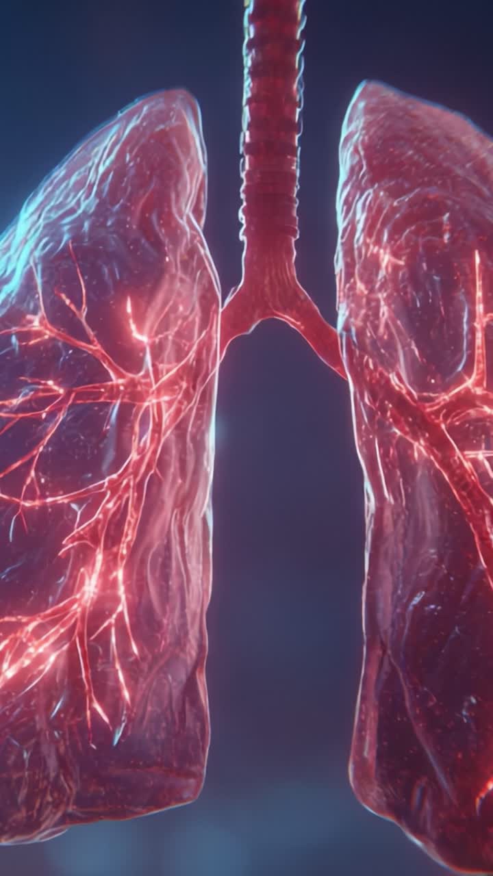 Una visualizzazione vivace dei polmoni umani che evidenzia l'intricata rete di vasi sanguigni, riflettendo la complessità della respirazione e dei processi di scambio di ossigeno