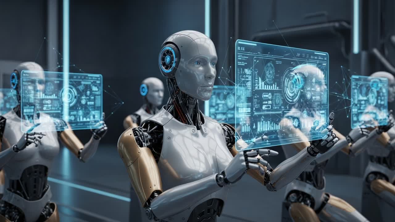 Advanced robotic entities displaying holographic data screens, processing complex information in a futuristic digital environment, showcasing the fusion of technology and innovation