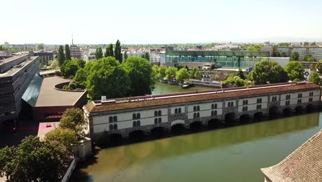 aerial view of the ponts couverts, the covered bridge and the museum of modern and contemporary art, in petit france, strassbourg, france, europe