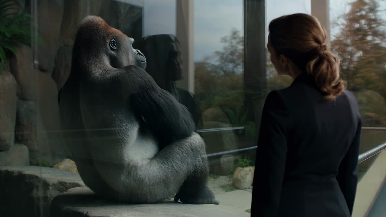 Donna che osserva un gorilla attraverso il vetro, mostra dello zoo con una donna d'affari in blazer scuro e coda di cavallo di fronte
