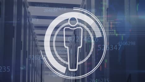 Animation-of-data-processing-and-human-icon-over-server-room