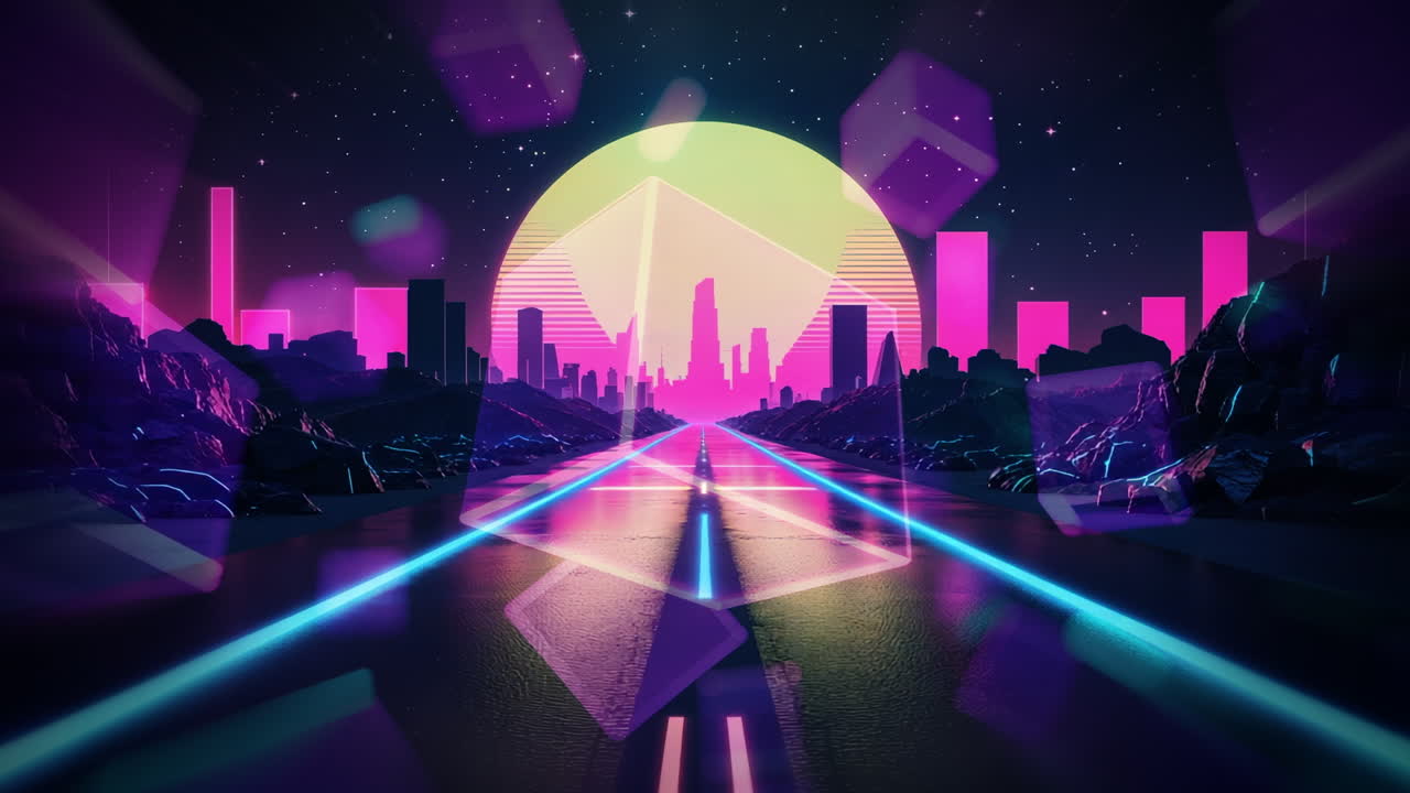 Synthwave Cityscape with Neon Road and Retro Sunset