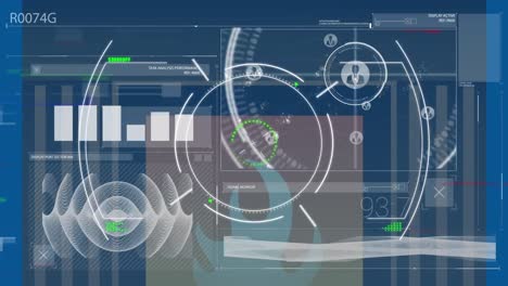 Animation-of-data-processing,-firewall-and-digital-screen-over-scope-scanning-on-blue-background