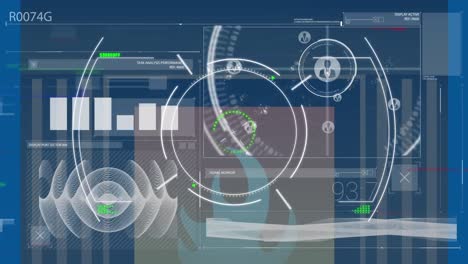 animación del procesamiento de datos, cortafuegos y pantalla digital sobre escaneo de alcance sobre fondo azul.