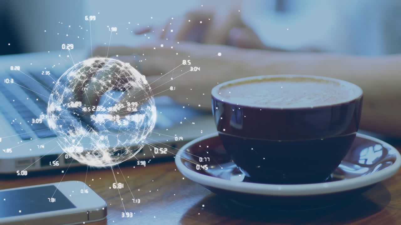 노트북을 사용하는 백인 여성에 대한 숫자 연결 네트워크의 애니메이션