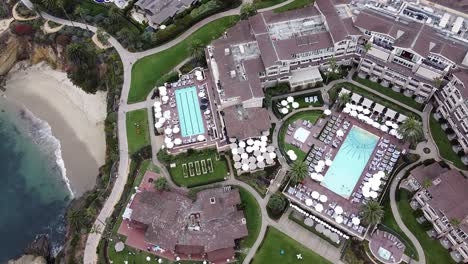 top down wide aerial view of montage luxury resort in laguna beach, california