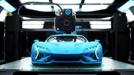 a cutting-edge blue sports car being 3d modeled in an advanced printing setup featuring high-tech surroundings and led lighting