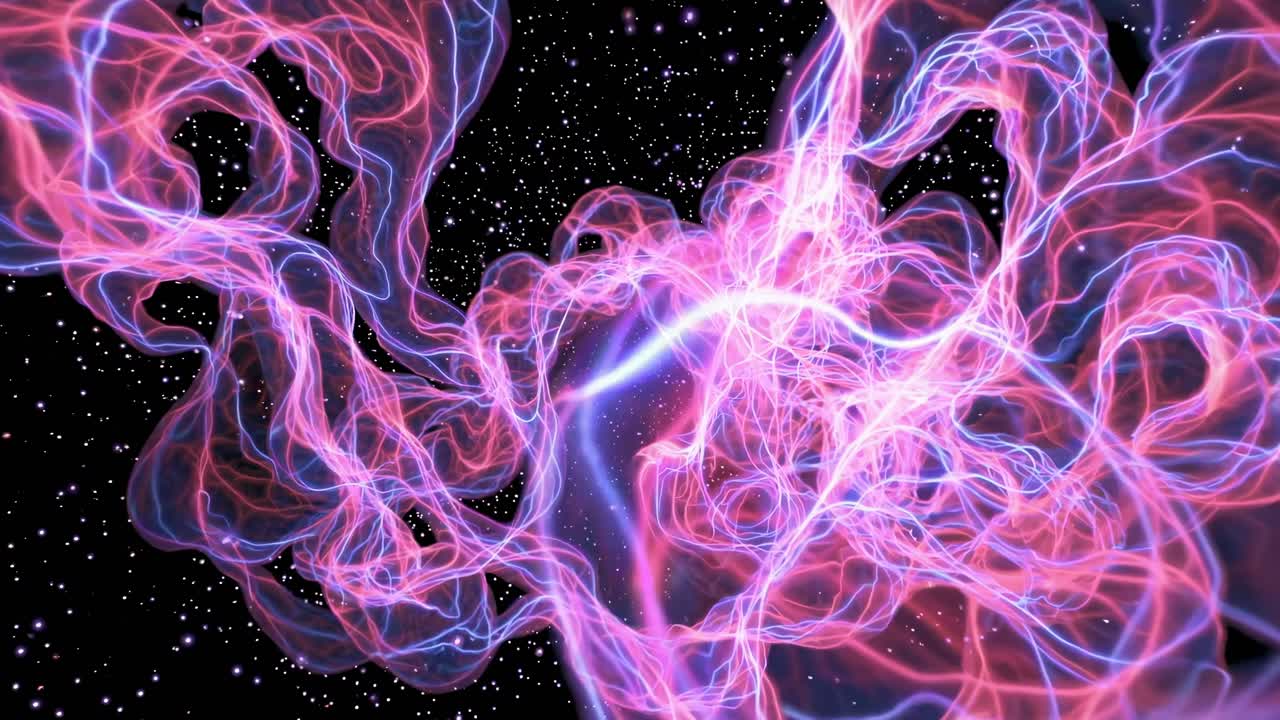 Video cosmico astratto con nebulose rosa e viola che vorticano su uno sfondo stellato