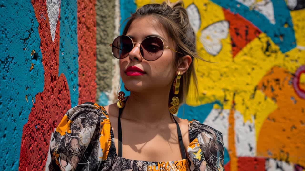 Jovem mulher elegante usando óculos de sol redondos e batom vibrante posa ao ar livre contra um mural de grafite vibrante, retrato de estilo urbano de rua à luz do dia.