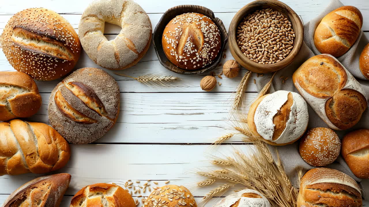Fresh bread on wooden table. A stunning assortment of breads and grains artfully displayed on a rustic wooden table, highlighting their textures