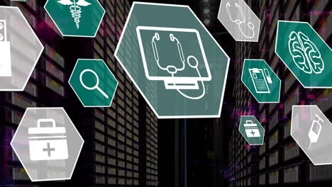animación de iconos médicos y procesamiento de datos a través de servidores informáticos