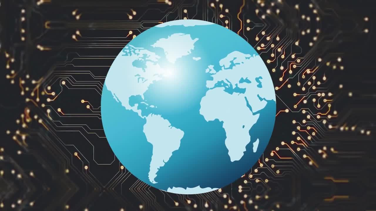 검은색 배경에 있는 컴퓨터 회로판 위의 지구의 애니메이션