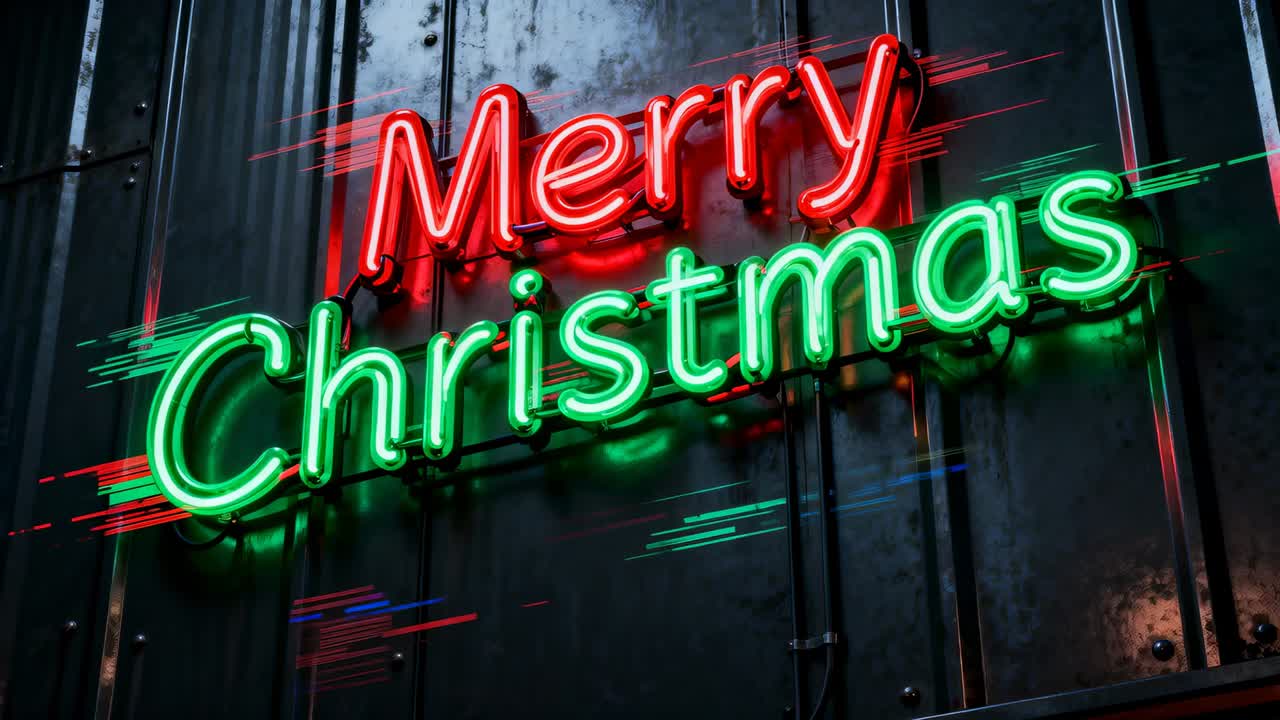 Responding to passing streaks, neon Merry Christmas sign pulsing and casting glow on metal panel