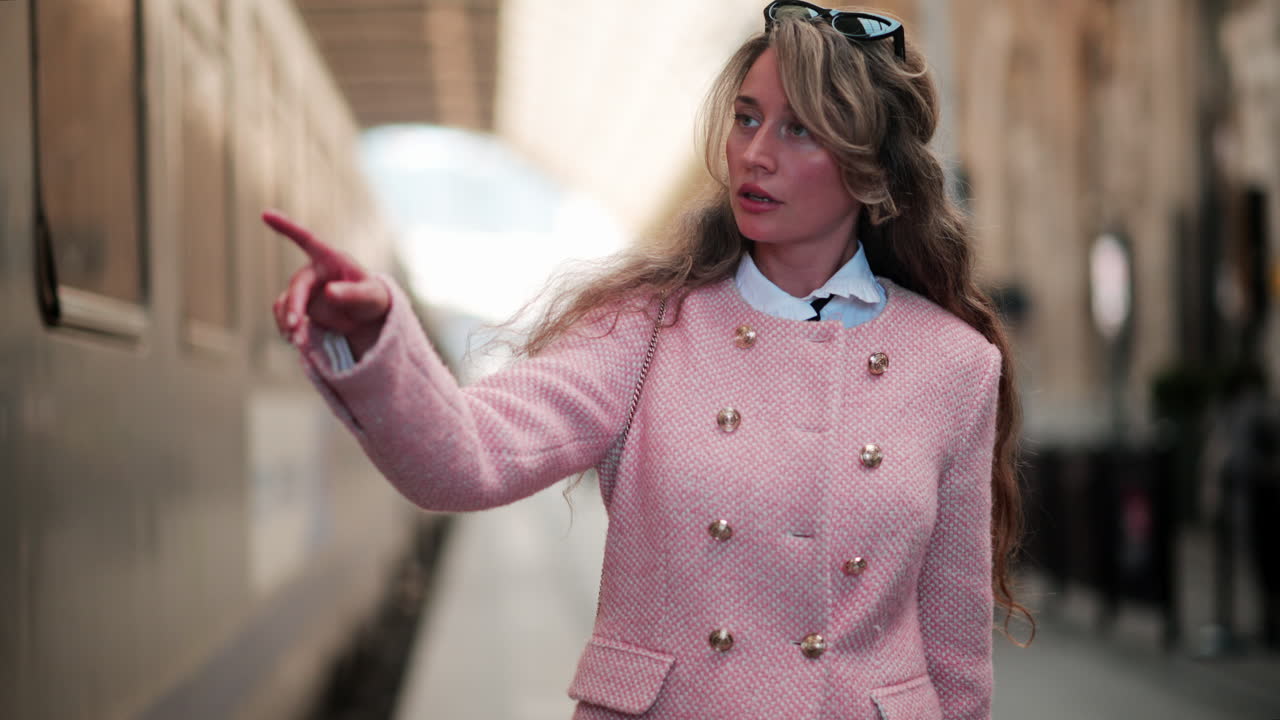Woman in a pink blazer reading and analysing a departure board at the train station