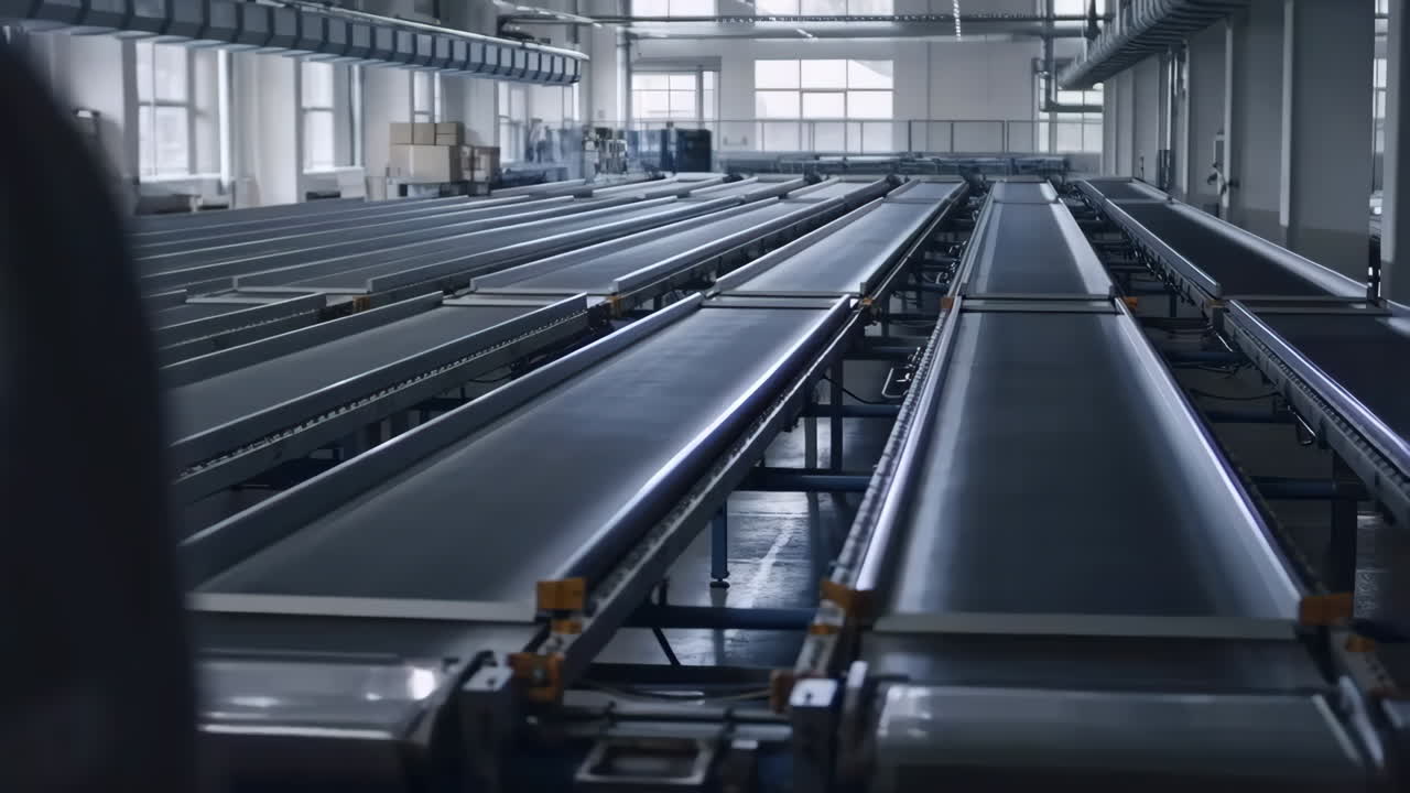 Empty factory floor with multiple conveyor belts