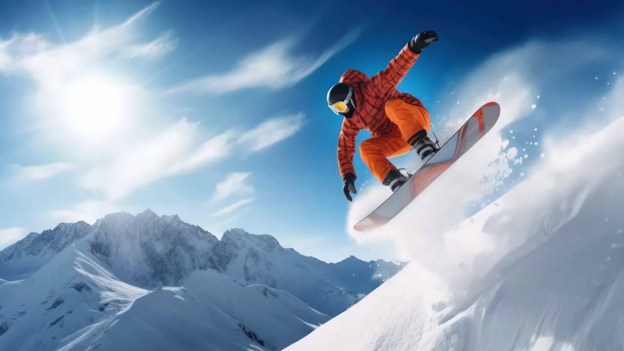 Inquadratura dinamica dal basso di uno snowboarder a mezz'aria con montagne innevate sullo sfondo