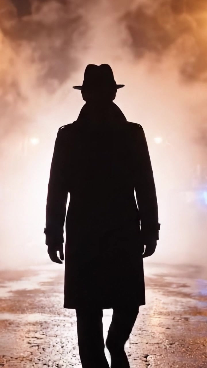 A Mysterious Figure Emerges from the Fog in a Cinematic Noir Scene, Bathed in Ethereal Light, Heightening the Enigmatic Atmosphere of Intrigue and Suspense