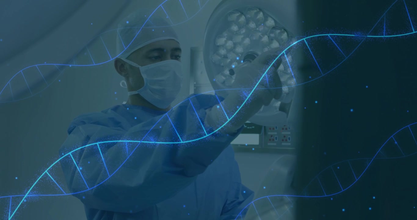 Surgeon reaching upward, adjusting lamp for surgery while animated DNA helix drifting across front