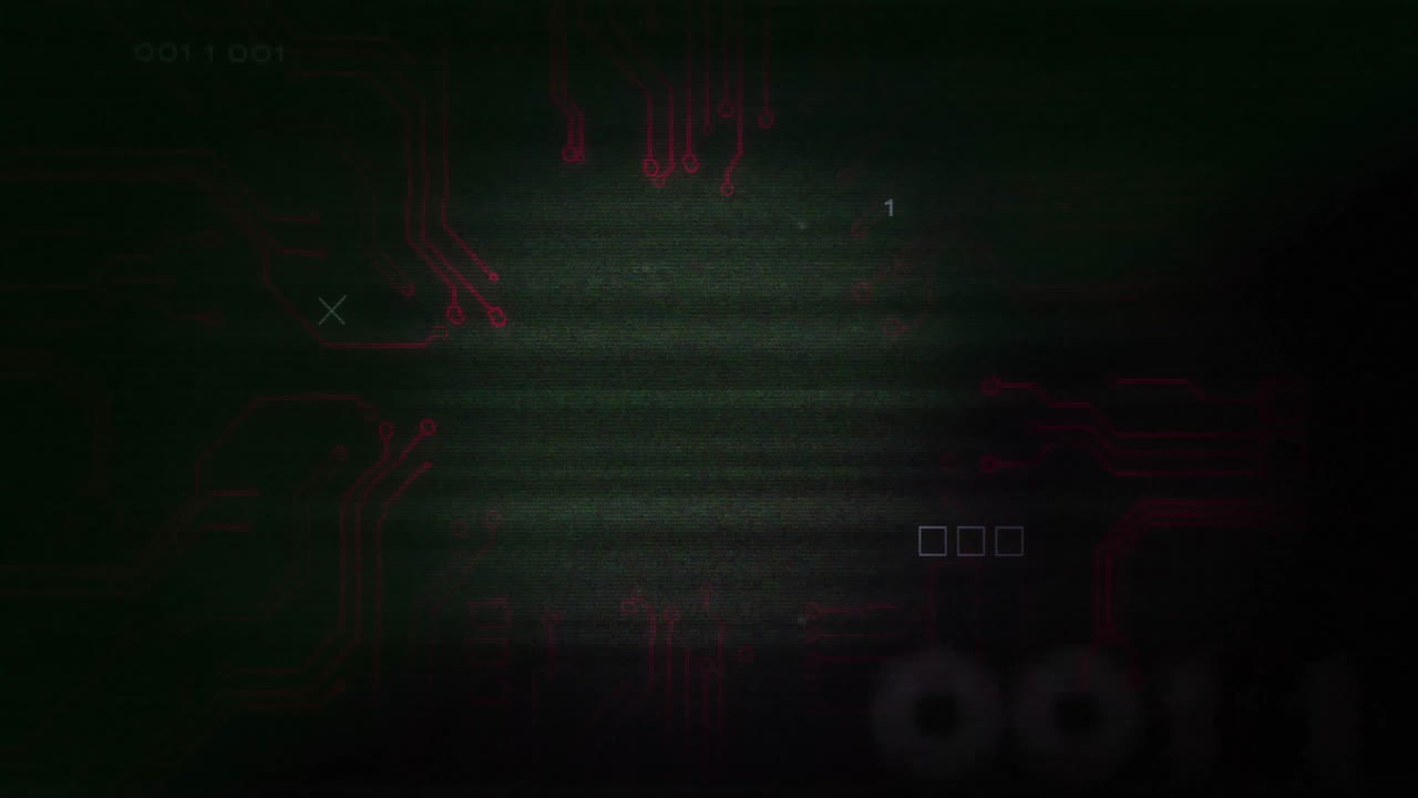 código binario y animación de placa de circuitos sobre fondo oscuro con líneas rojas