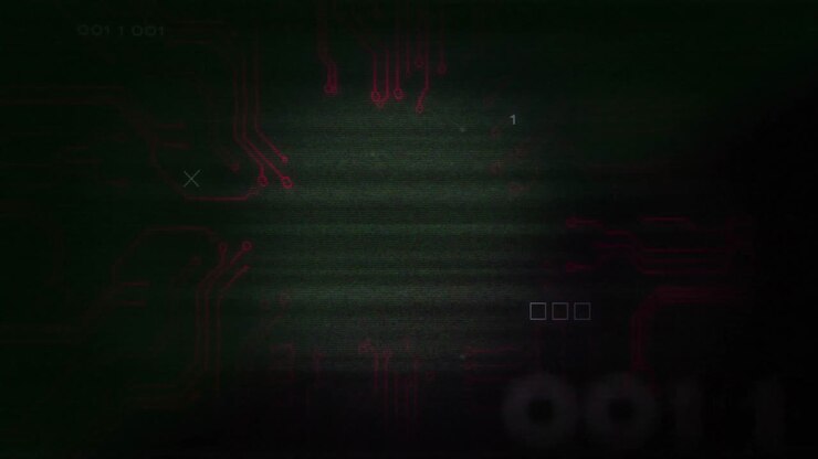 Binary code and circuit board animation over dark background with red lines