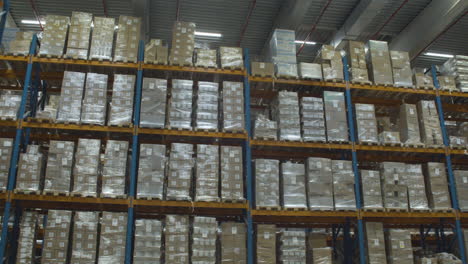 panning over fully packed high racks in industrial warehouse